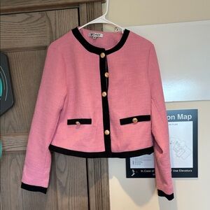 WD.NY Pink Bouclé Jacket with Black Trim and Gold Buttons